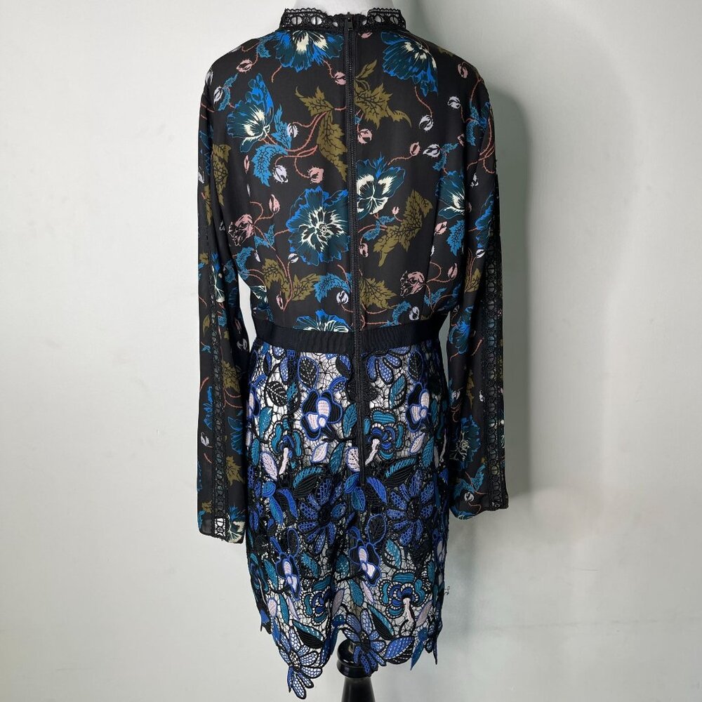 Self Portrait Women's Blue Black Long Sleeve Lace Floral Midi Dress Size 10 - Picture 4 of 12